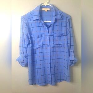 Michael Kors Blue Chain Linked Gold Collared Shirt Button down Blouse Size XS